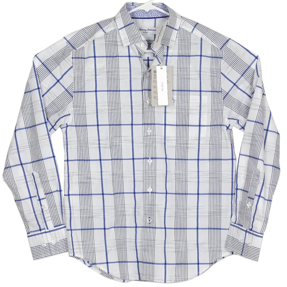 Tommy Bahama Island Zone Shirt Plaid Stretch Blue